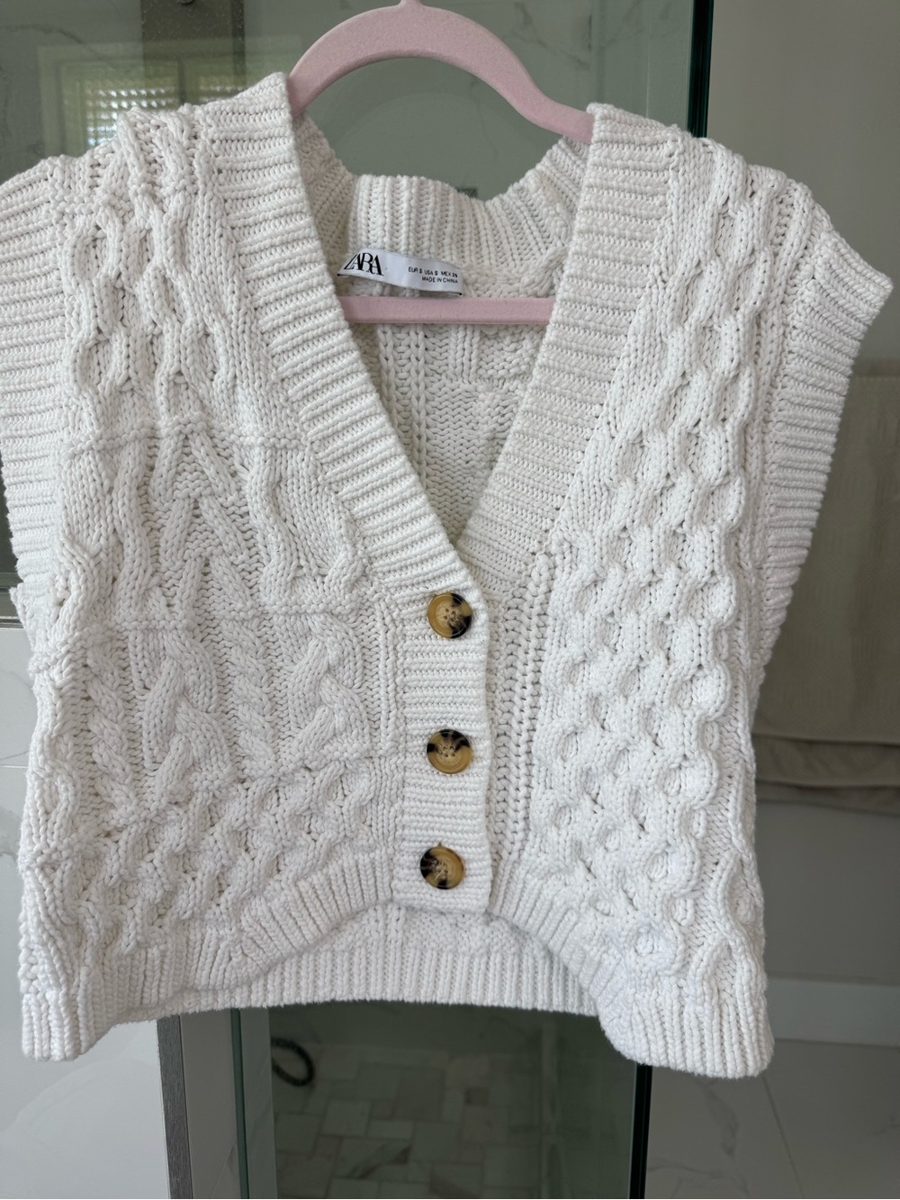 Zara Ivory Cable-Knit V-Neck Button Sweater Vest